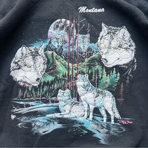 Vintage 1991 Wolf Mystical Scene Neon Black Sweatshirt Rag Tops Montana
